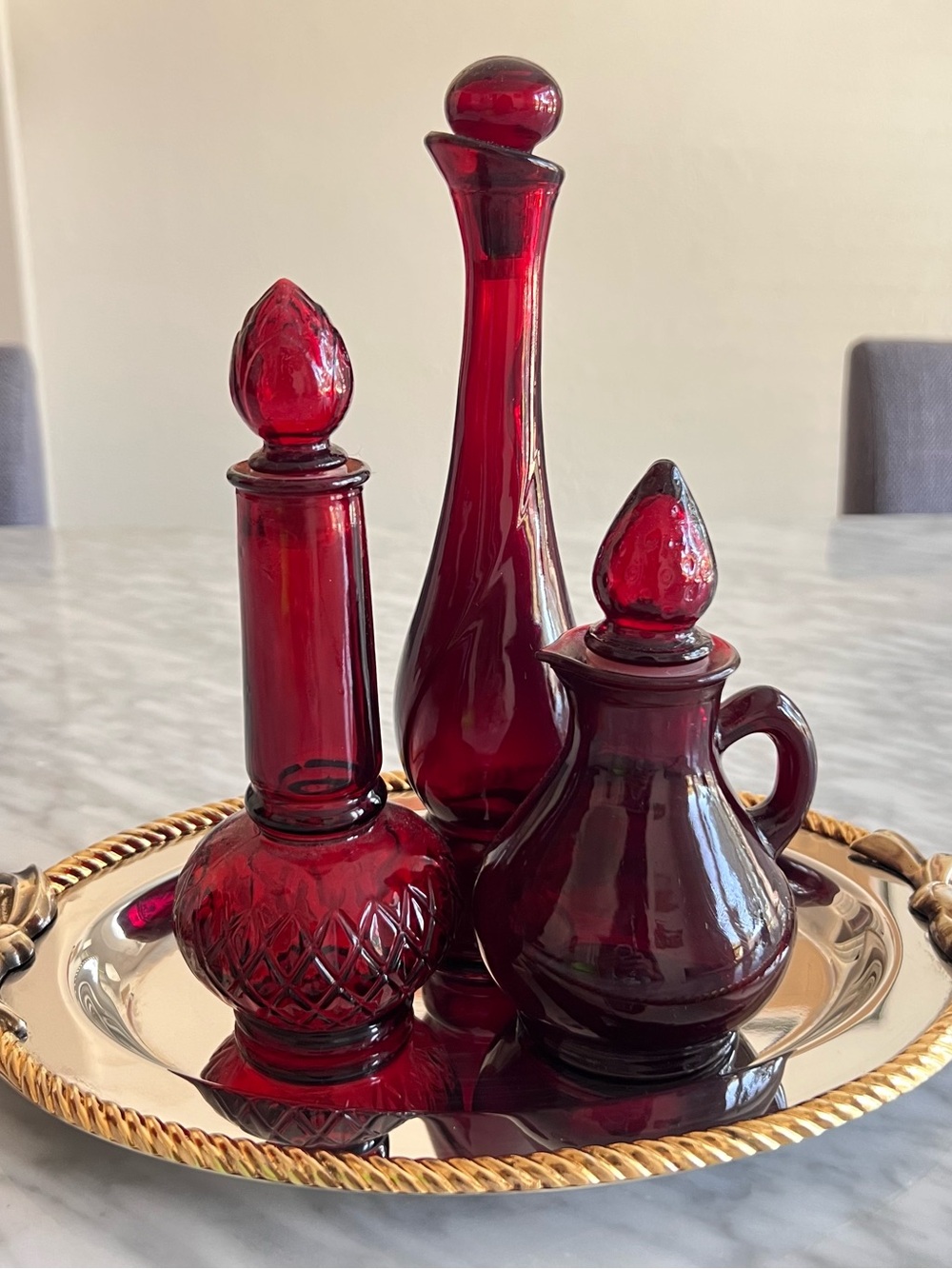 Vintage AVON Ruby Red Glass Decanter Trio - Picture 1 of 2